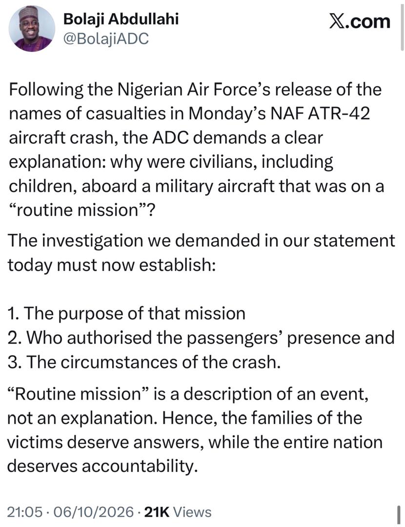 Ondo crash: “Why were civilians, including children, aboard a military aircraft that was on a routine mission?” ADC spokesperson asks